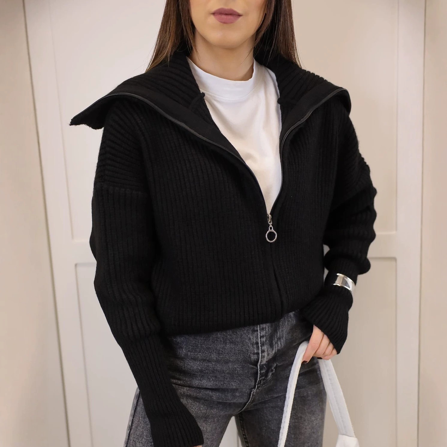 Women's Thick Loose V-Neck Zip-Up Cardigan Sweater Coat Solid Color