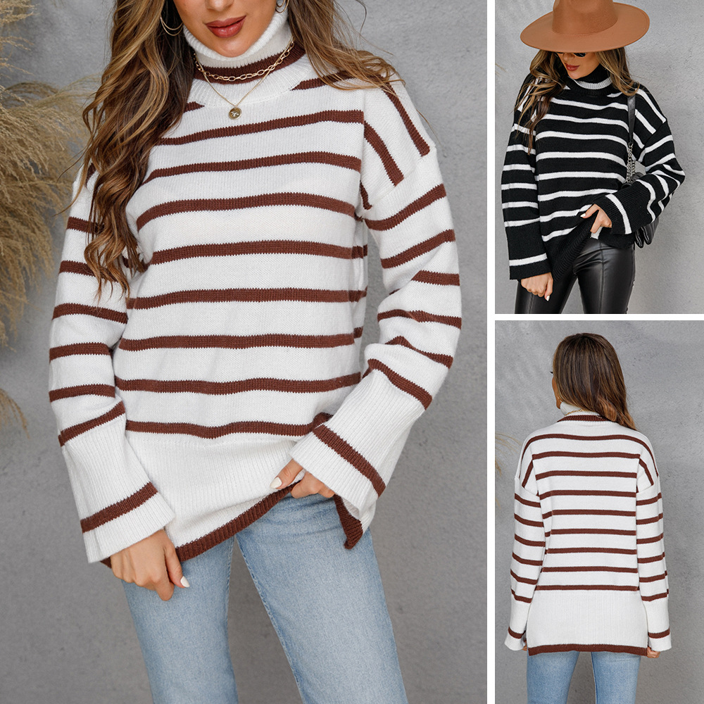Striped Knit Pullover Sweater with High Neck and Slit, Loose Fit, White/Black