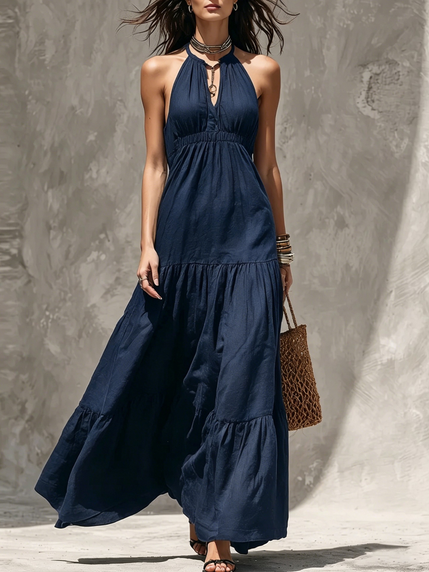 Women's Halter V-Neck A-Line Tiered Midi Dress