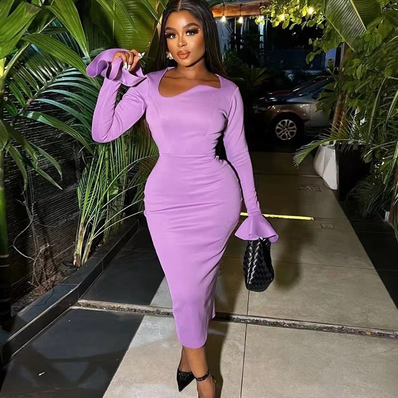 Solid Color Mermaid Dress with Flared Sleeves and Slit