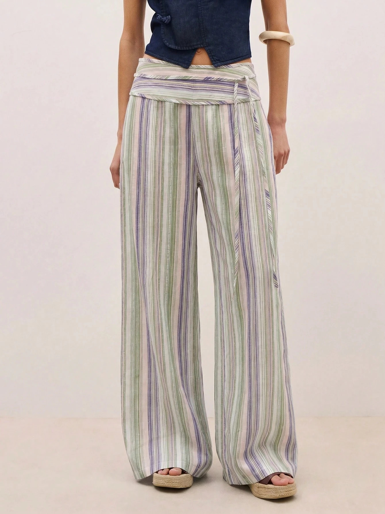 Striped High-Waist Tie-Front Wide-Leg Pants