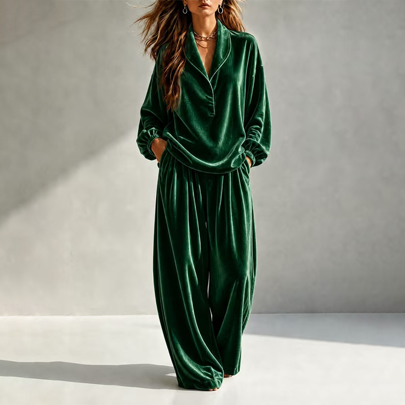 Women's Two-Piece Long Sleeve Collared Top and Wide-Leg Pants Set