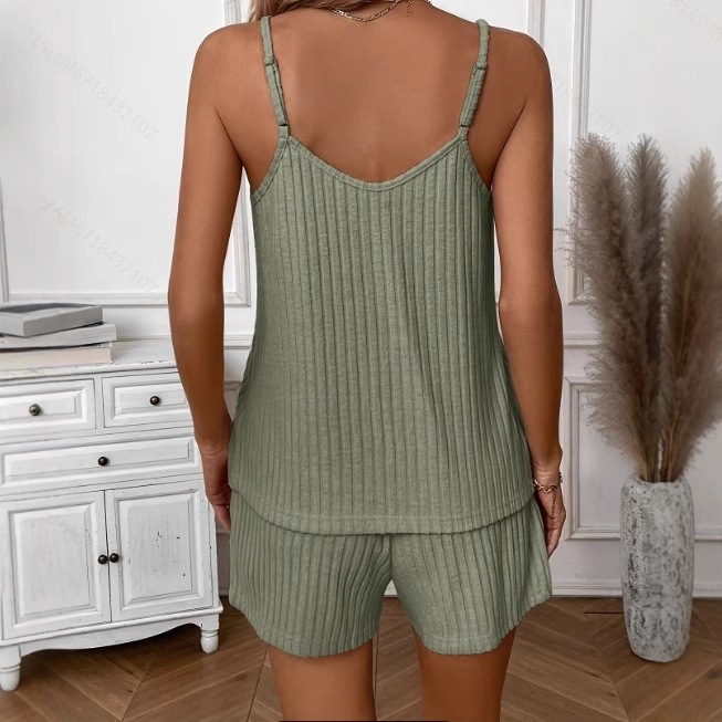 Women's Ribbed Solid Color Tank Top and Shorts Two-Piece Set
