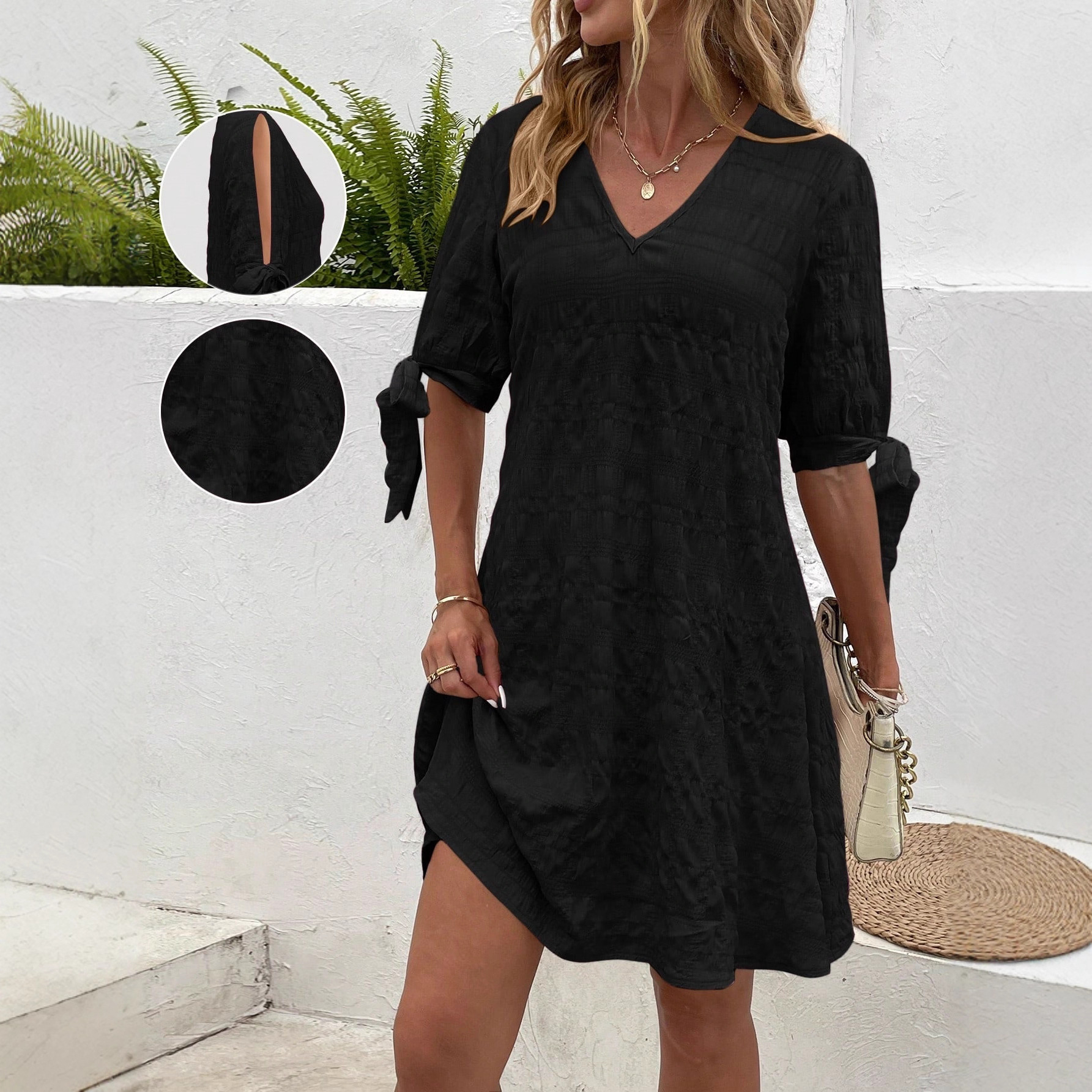 Women's Summer V-Neck Tie Sleeve Solid Casual Dress