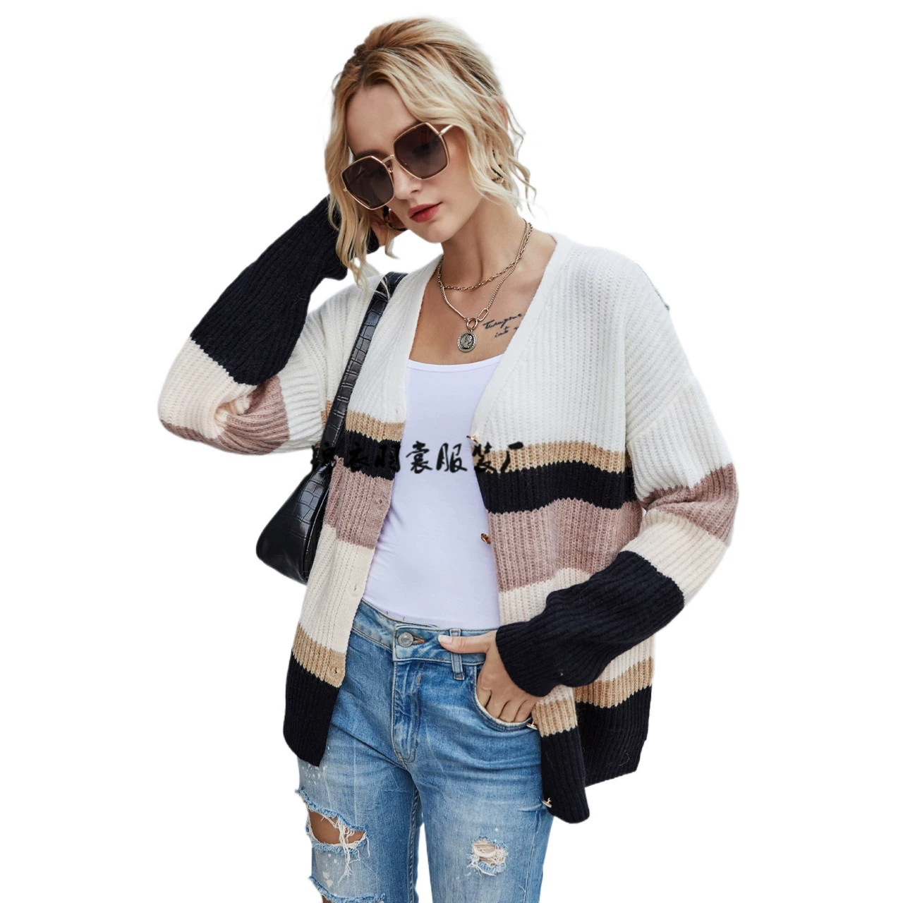 Women's Plus Size Striped Cardigan Sweater Knit Jacket