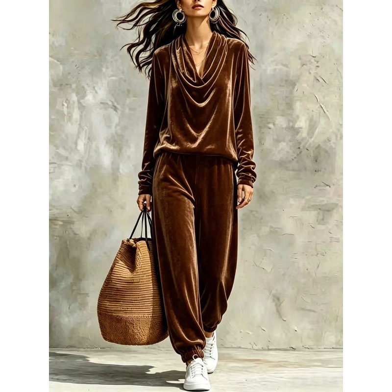 Women's Cowl Neck Long Sleeve Top and Jogger Pants Set Slimming Casual Two-Piece
