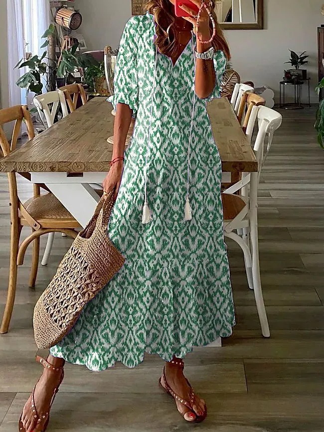 Women's Casual V-Neck Printed Tassel Midi Dress Loose A-Line