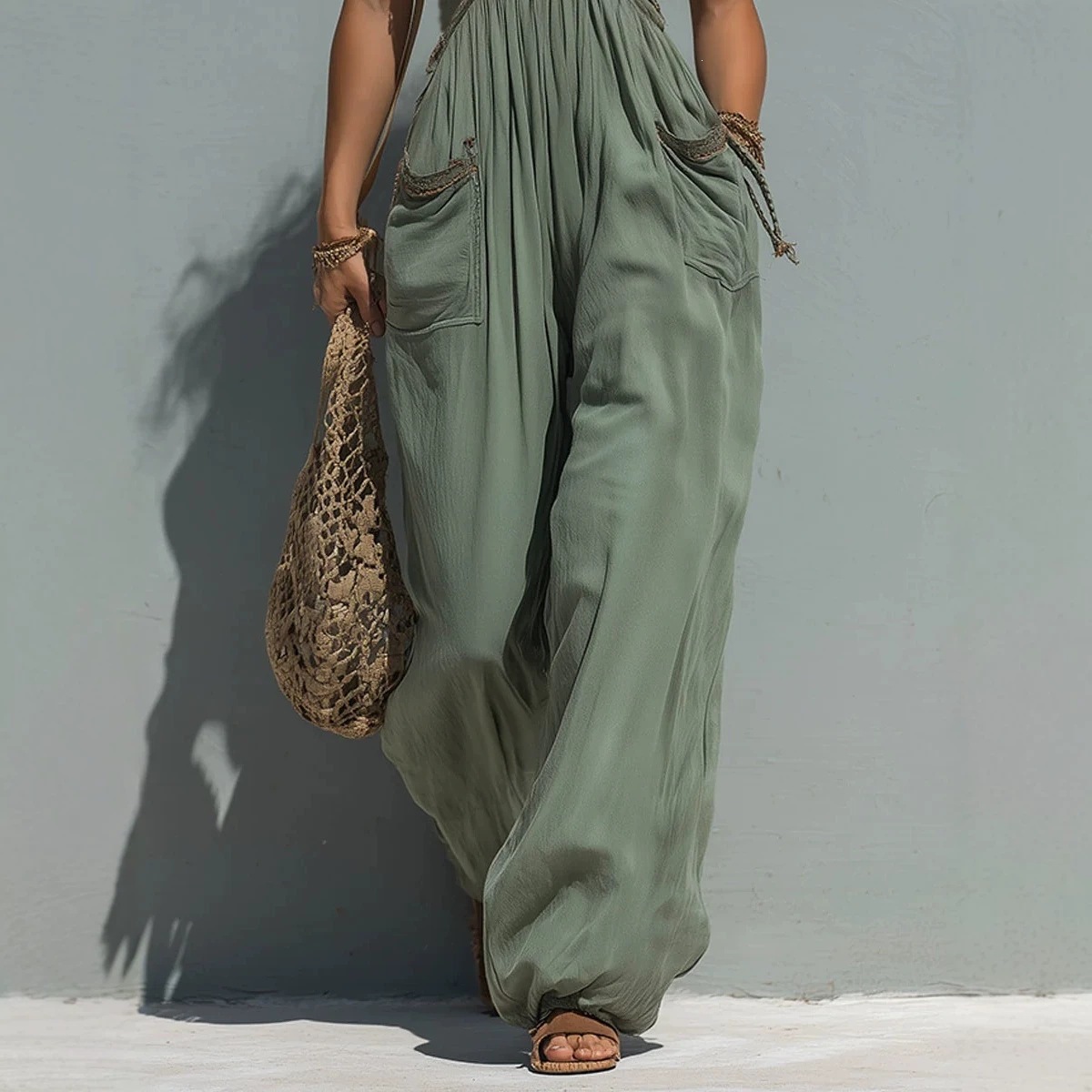 Women's Solid Color Sleeveless Wide-Leg Jumpsuit
