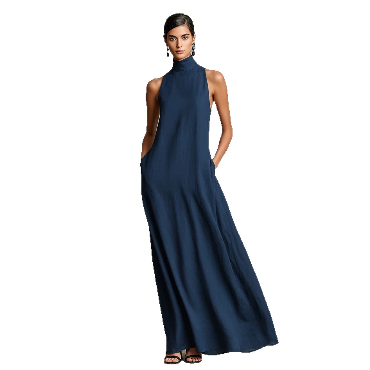 Linen-Blend High-Neck Sleeveless A-Line Long Dress with Side Pockets
