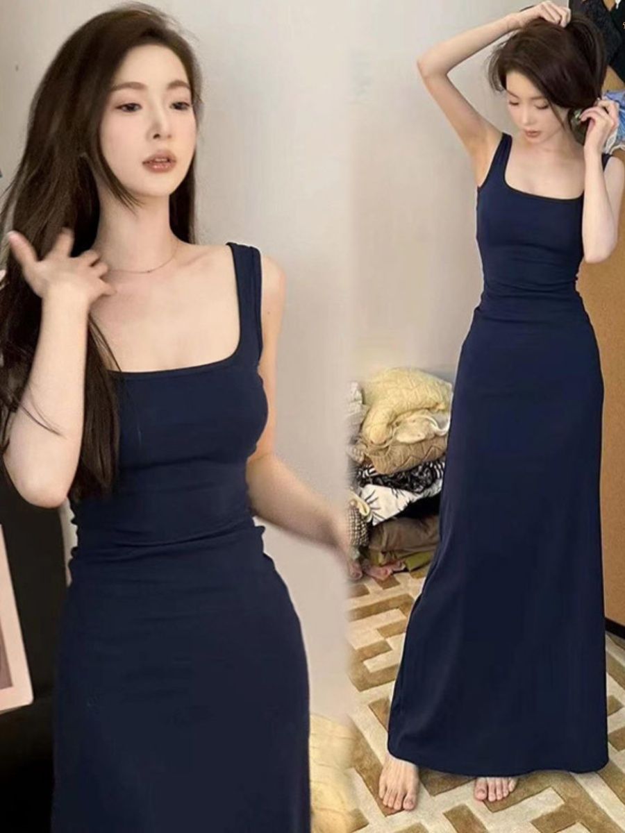 Blue French Sleeveless Bodycon Midi Dress Square Neck Slimming