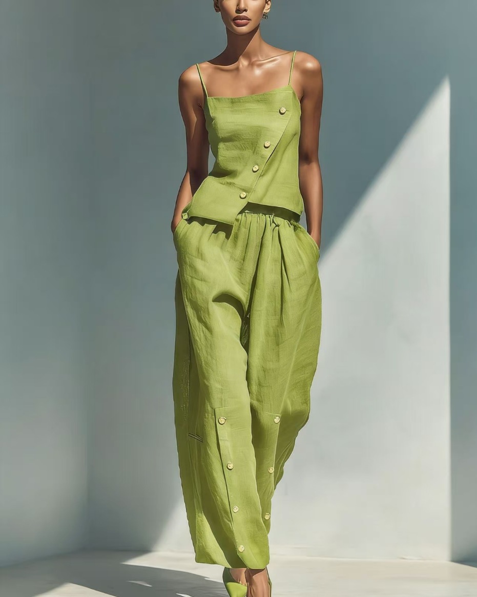 Women's Summer Linen Two-Piece Set Sleeveless Vest and Pants