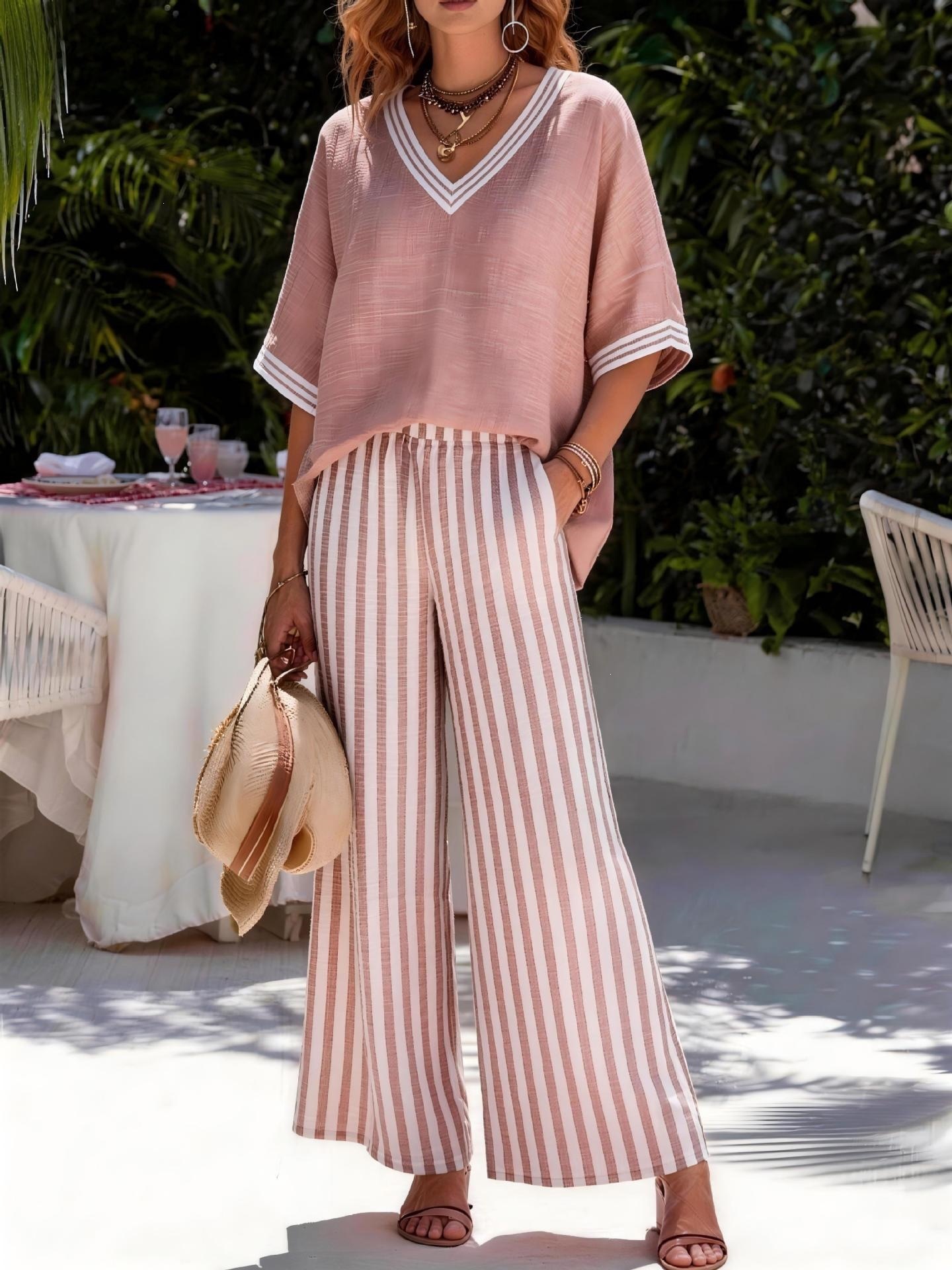 Women's Striped V-Neck Two-Piece Set Casual Loose Fit