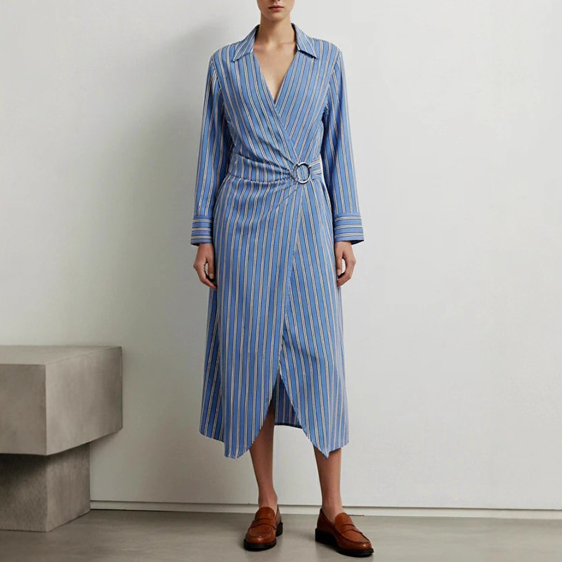 Striped Tie-Waist Long-Sleeve Midi Shirt Dress