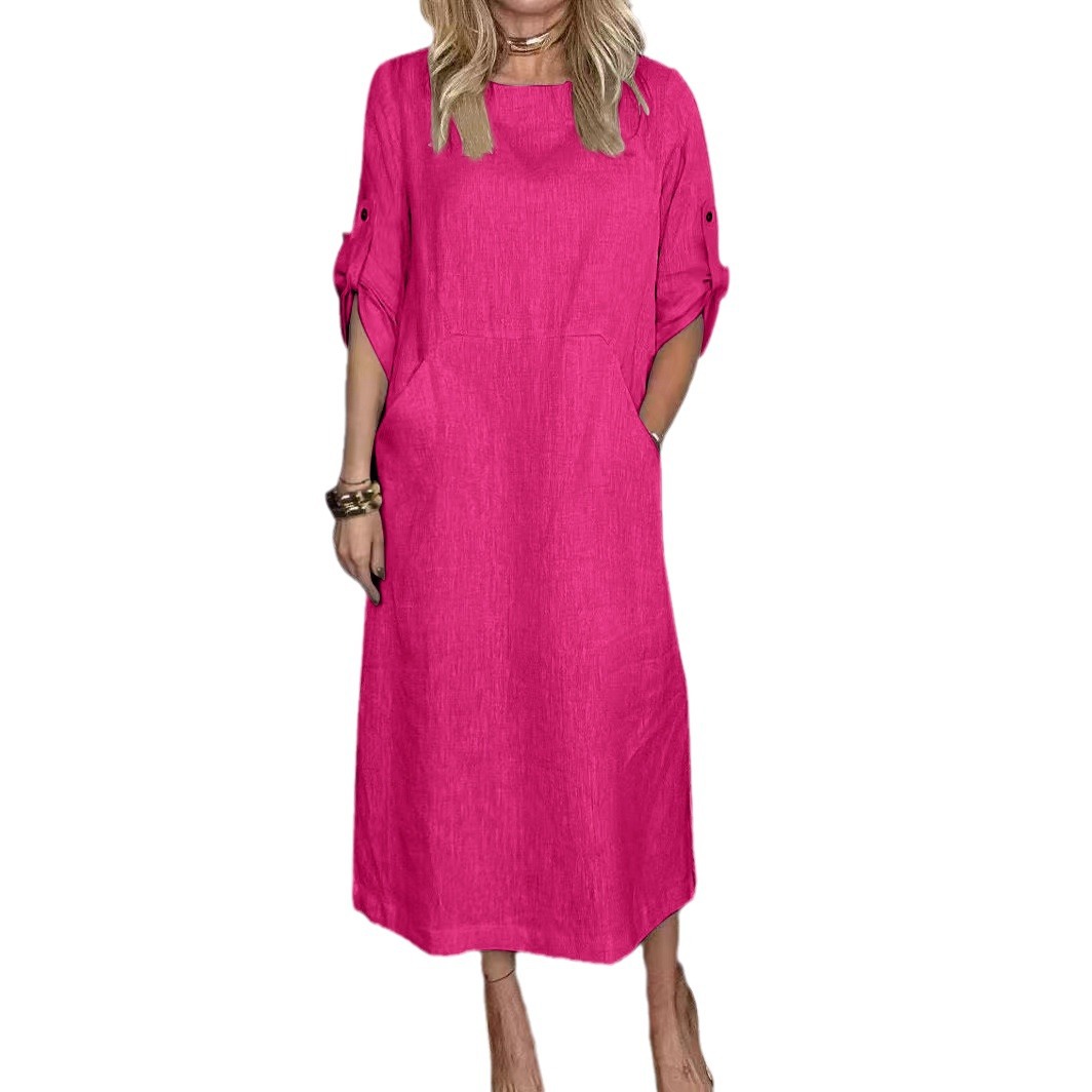 Women's Summer Loose Casual Solid Color Short Sleeve Cotton Linen Dress