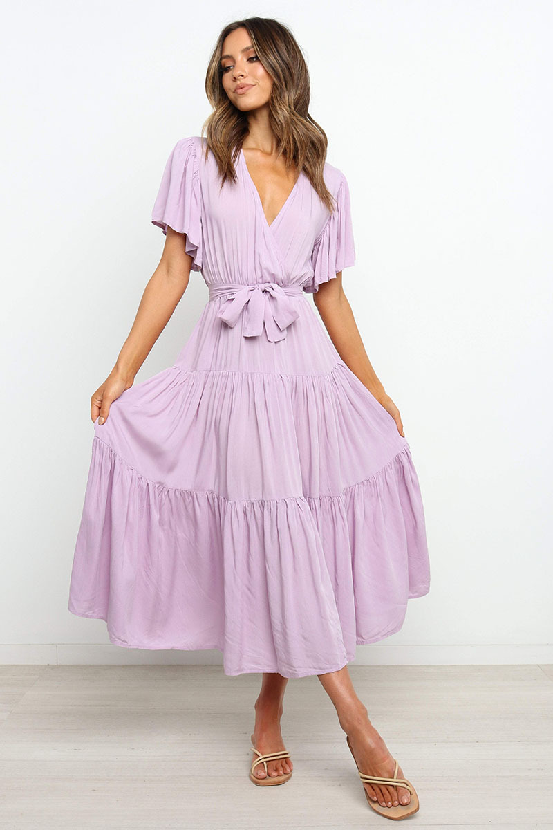 V-Neck Printed Short Sleeve High Waist A-Line Maxi Dress