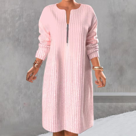 Women's Solid Color Zip-Up Long Sleeve Sweater Dress