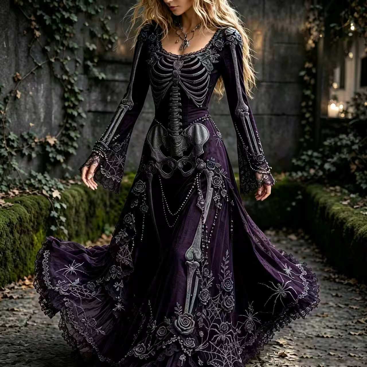 Court-Style Long-Sleeve Flared-Sleeve Maxi Dress with Fun Full Skirt