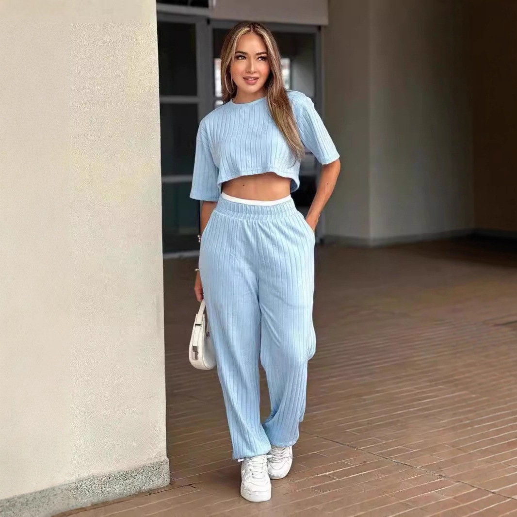 Women's Two-Piece Lounge Set with Short-Sleeve Crewneck Top and Straight-Leg Pants
