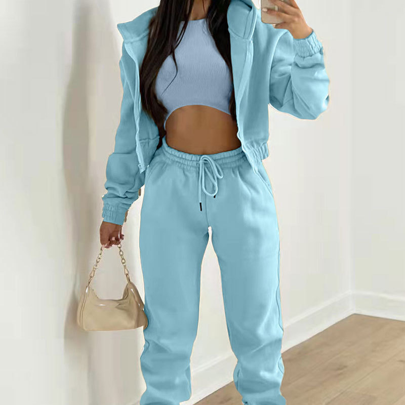 Women's Solid Color Hooded Sweatshirt and Pants Three-Piece Set