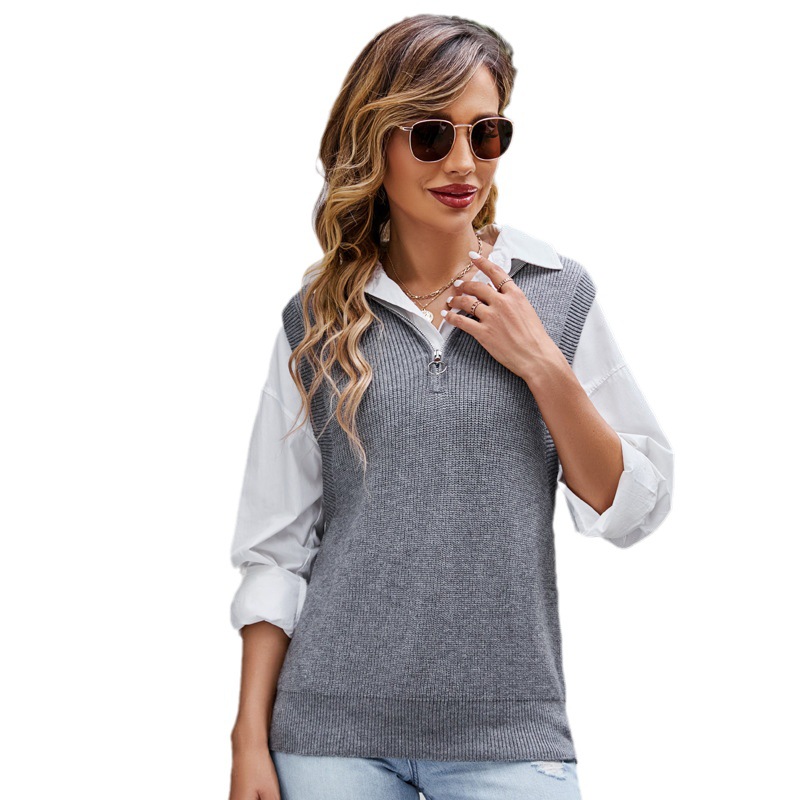 Gray V-Neck Sweater Vest for Women Sleeveless Pullover Knit Tank Top