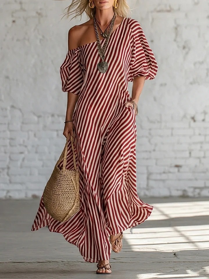 Elegant Striped Off-Shoulder Shirt Dress