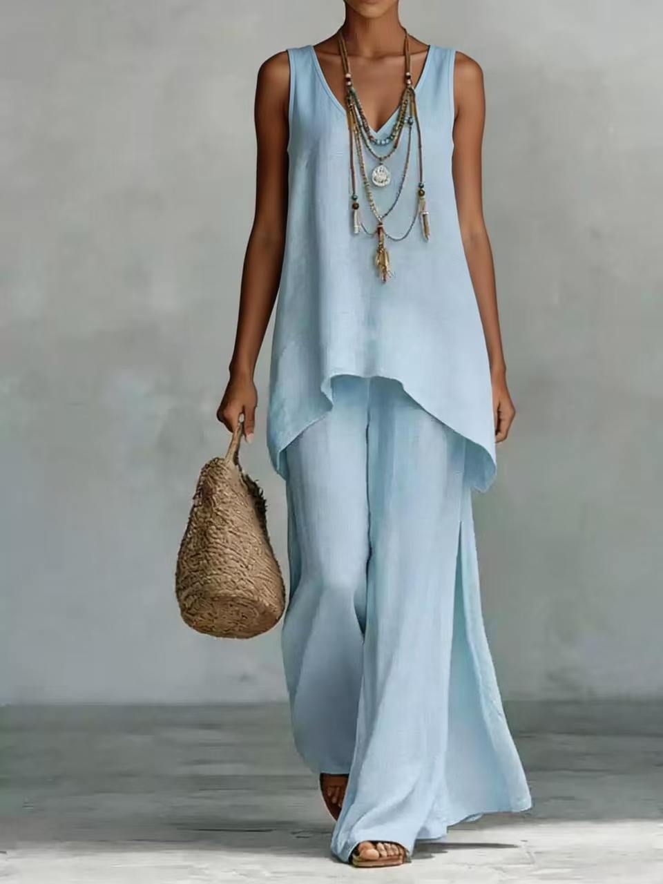 Women's Sleeveless V-Neck Top and Wide-Leg Pants Set Solid Color
