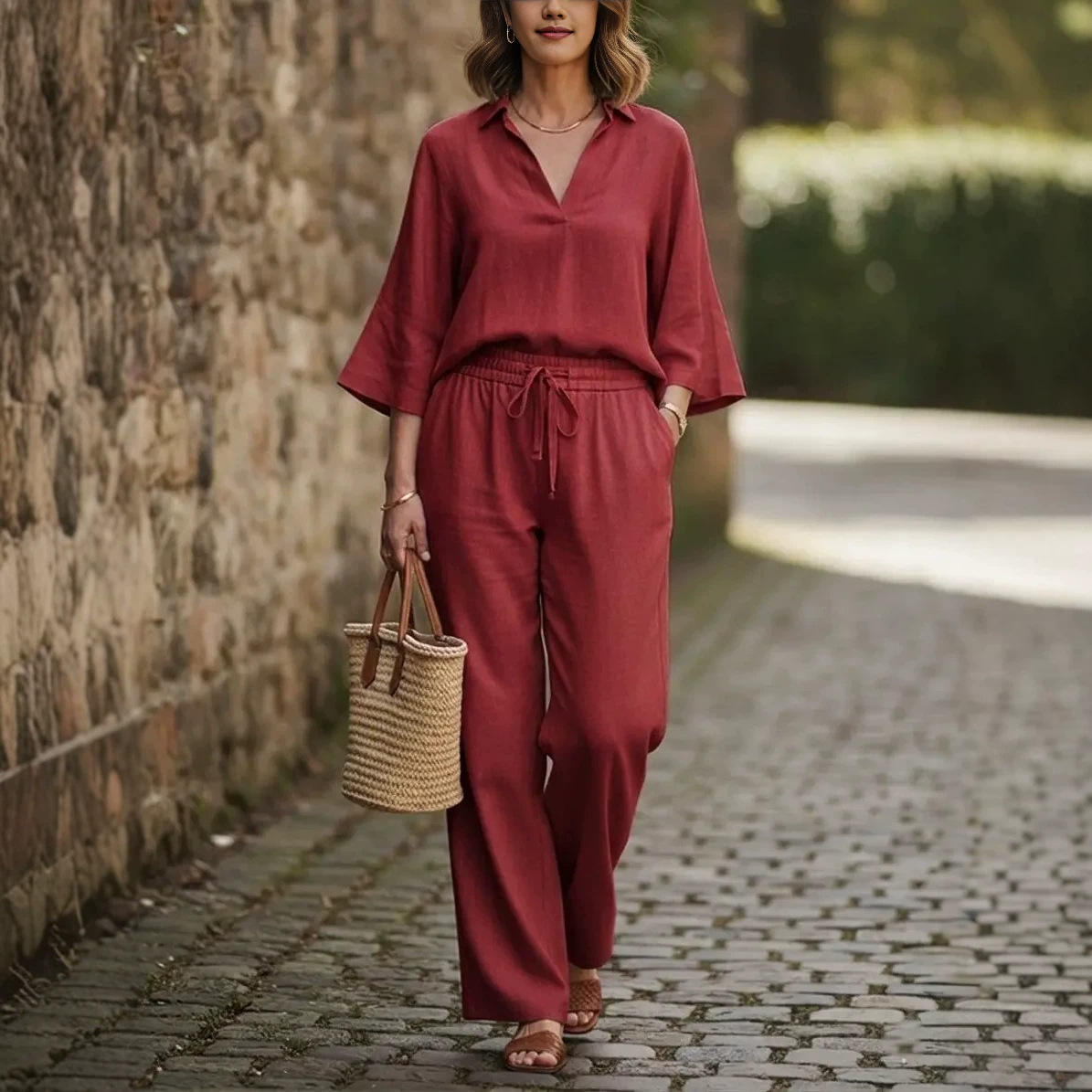 Women's Casual Shirt and Pants Set Solid Color Cotton Blend