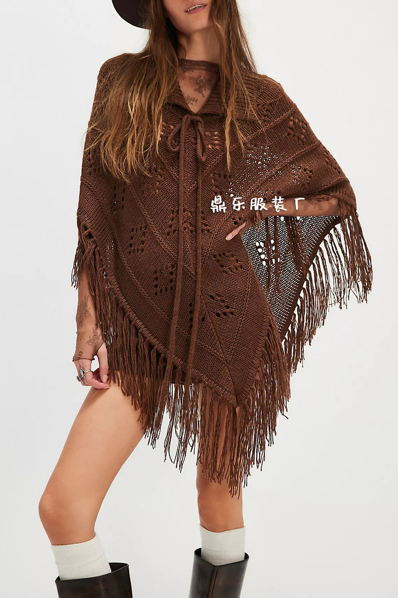 Fringed Knit Cape Poncho Sweater
