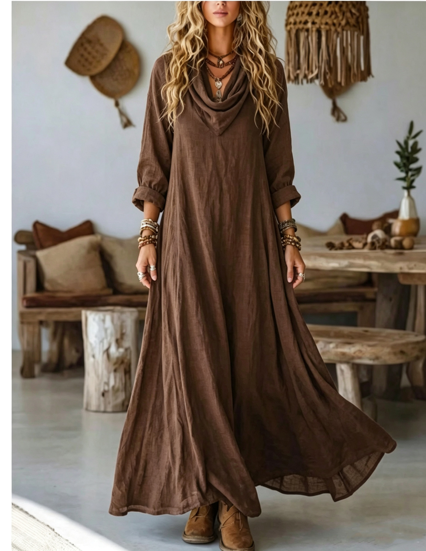 Women's Elegant Bohemian Textured Solid Color Long Sleeve Cowl Neck Wide Hem Maxi Dress