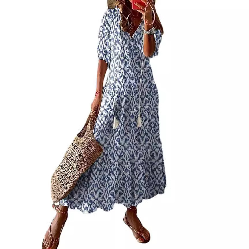 Women's Casual V-Neck Printed Tassel Midi Dress Loose A-Line