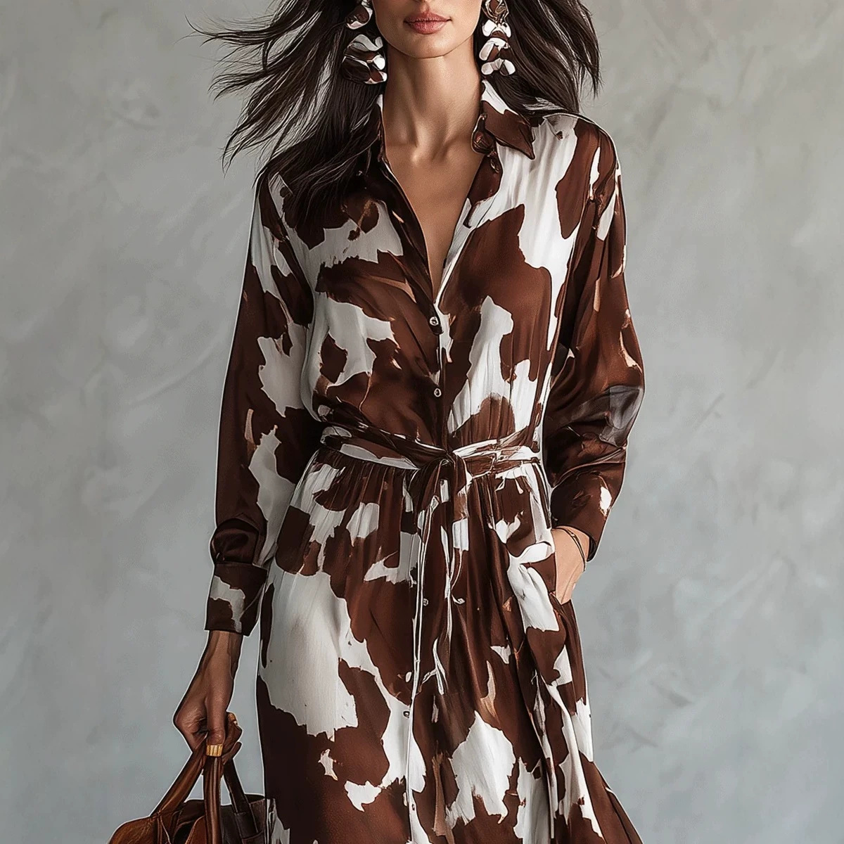 Brown & White Cow Print Long Sleeve Button-Front Waist-Defining Maxi Dress