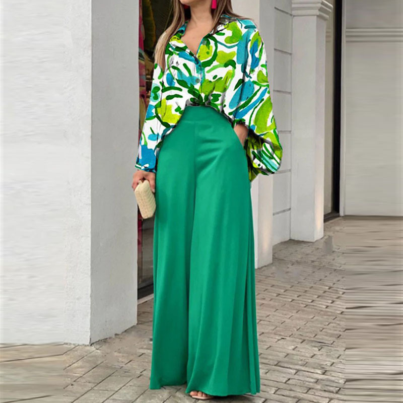 Women's Batwing Sleeve Colorblock Print Two-Piece Pants Set Casual Commuter