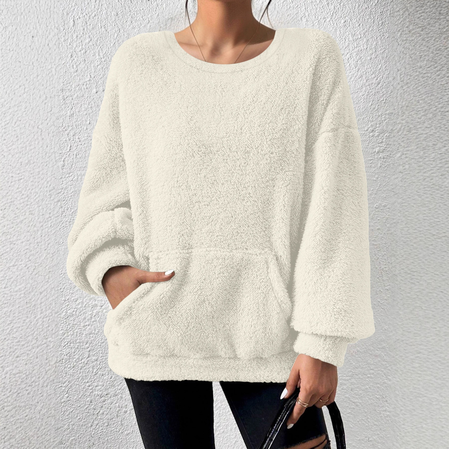 Solid Crewneck Long-Sleeve Pocket Pullover Sweatshirt