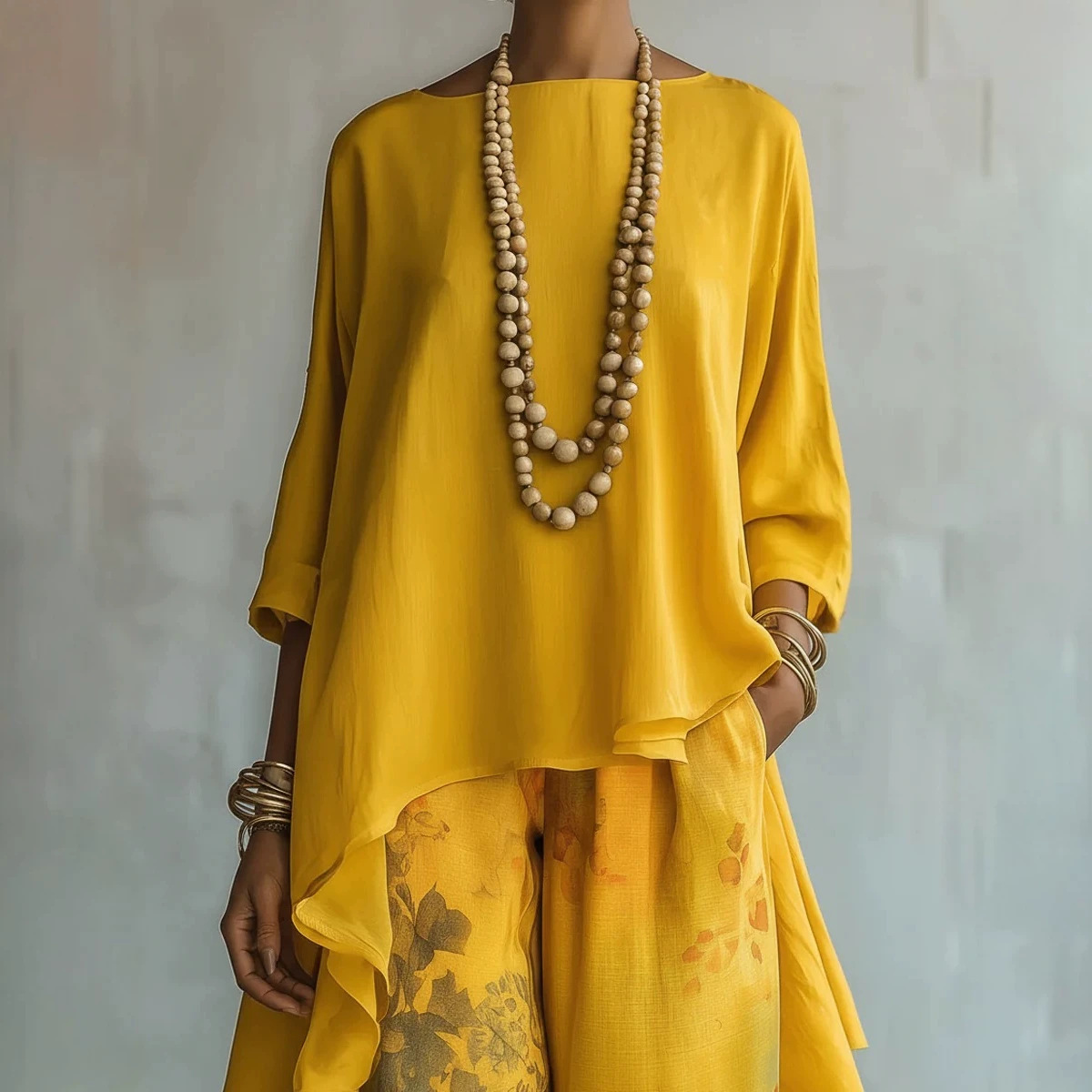 Digital Print Wide-Leg Pants and Crewneck Long-Sleeve Top Two-Piece Set