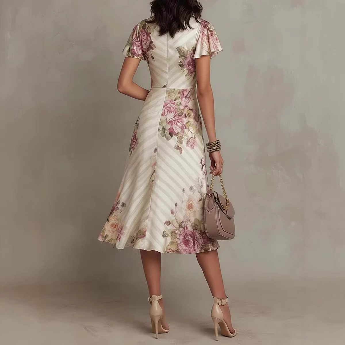 Printed V-Neck Waist-Cinching Ruffle A-Line Dress with Short Sleeves