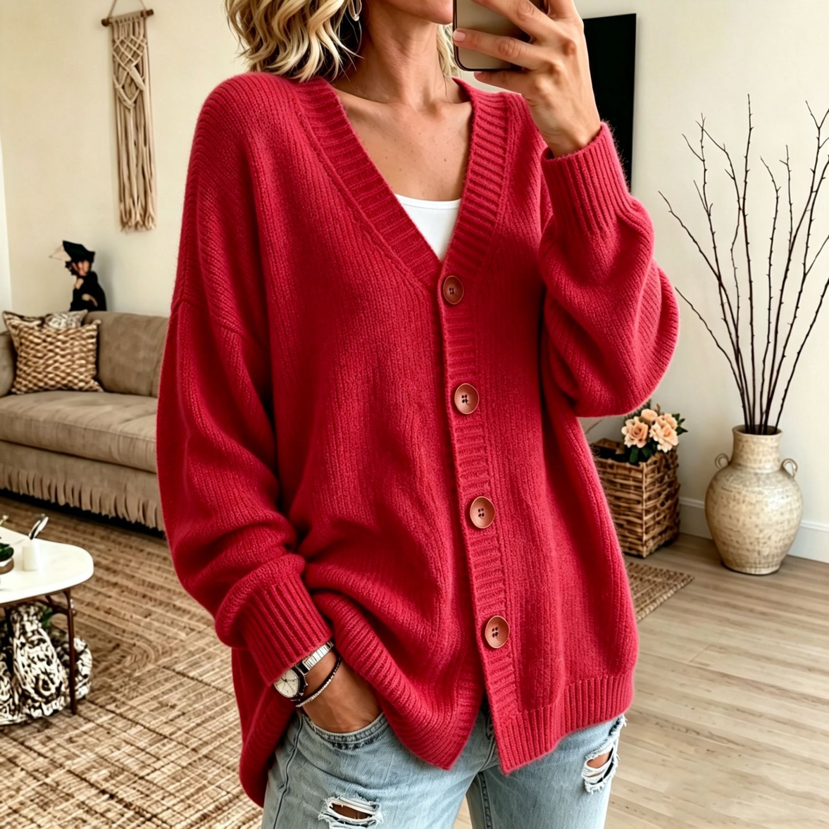 Women's Button-Front V-Neck Knit Cardigan Sweater