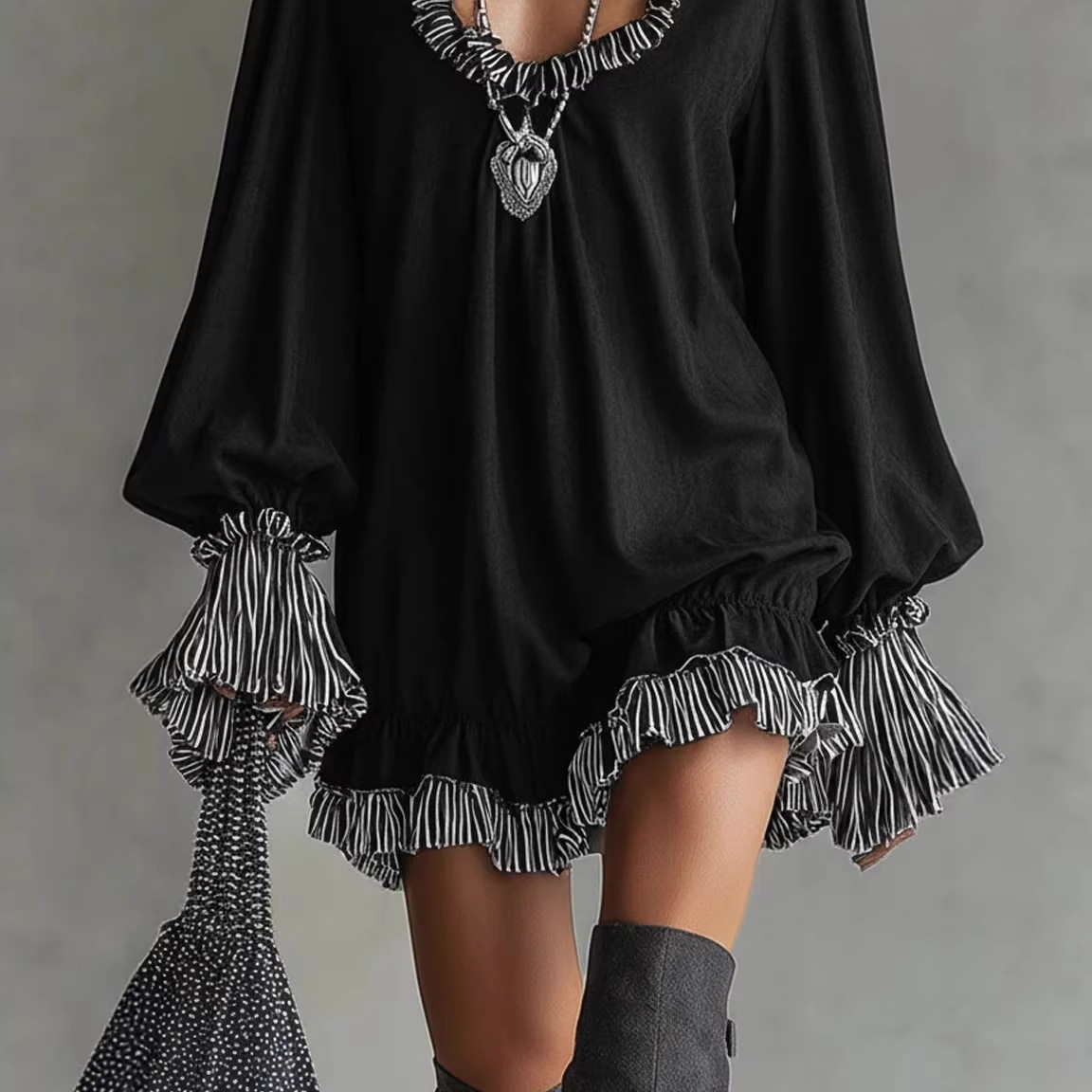 Black Ruffled V-Neck Short Dress