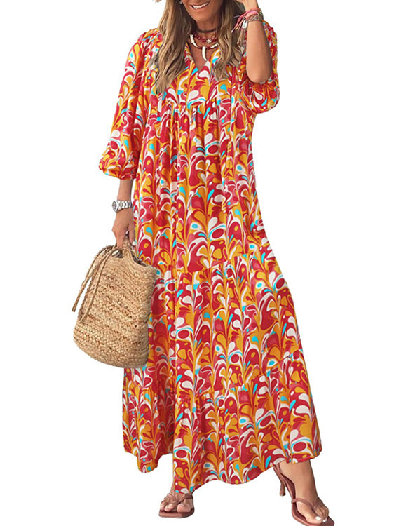 Geometric Print Puff Sleeve Maxi Dress with High Waist and Tie Detail