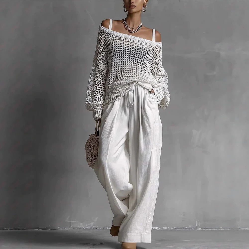 Women's Open-Knit Top and Cotton-Linen Pants Two-Piece Set