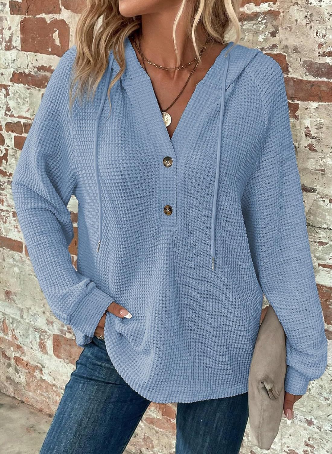 Women's Waffle Knit Drawstring Hoodie Button V-Neck Long Sleeve Pullover