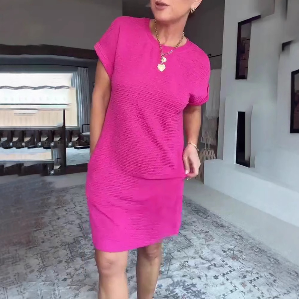 Women's Casual Solid Crewneck Short Sleeve Pocket Midi Dress