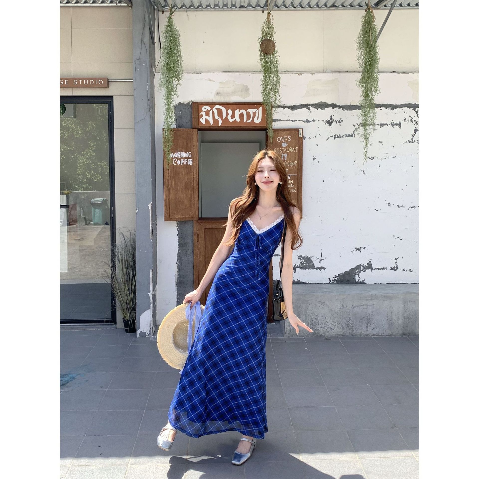 New Chinese Style French Vintage Blue Slip Dress
