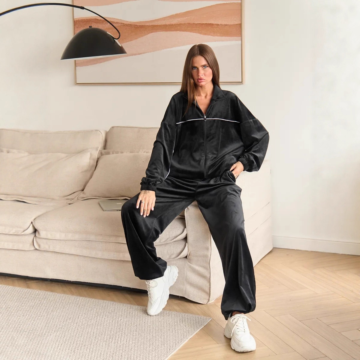 Women's Casual Long Sleeve Zip-Up Collared Tracksuit Set