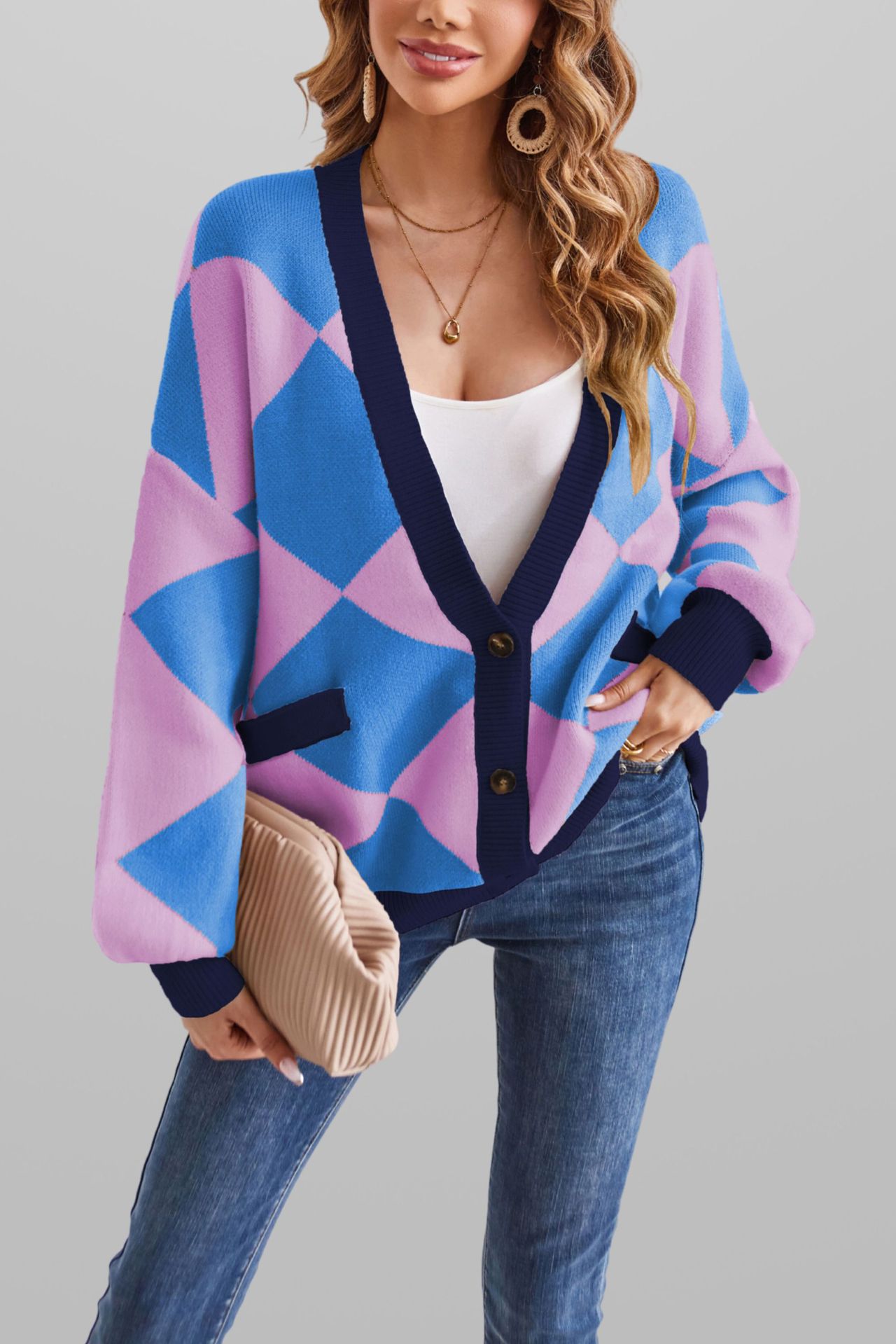 V-Neck Argyle Color-Block Loose Knit Cardigan