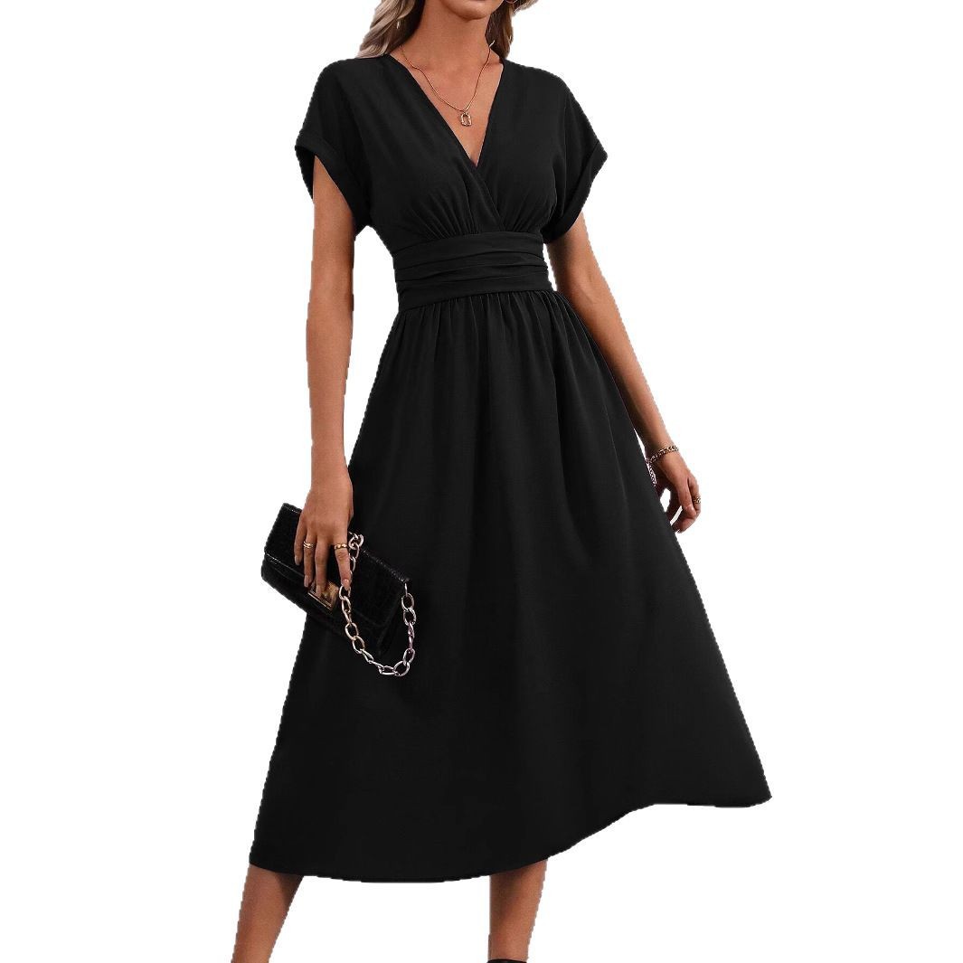 Women's Solid Overlap V-Neck Batwing Sleeve Ruched Waist Long Dress