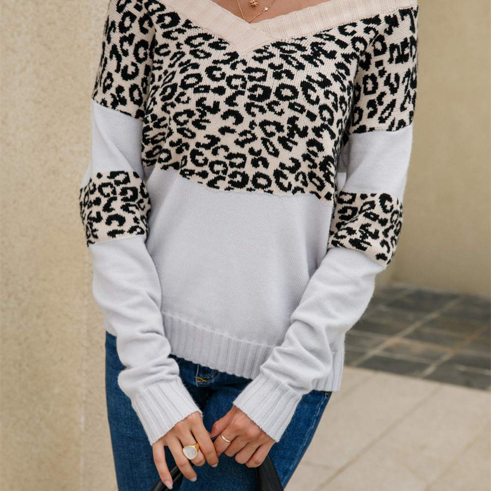 V-Neck Leopard Print Knit Sweater