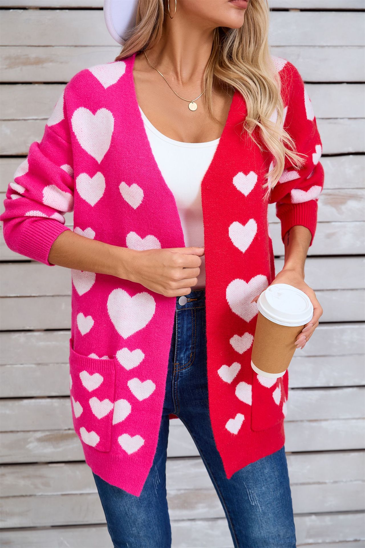 Colorblock Heart Knit Long Cardigan with Pockets