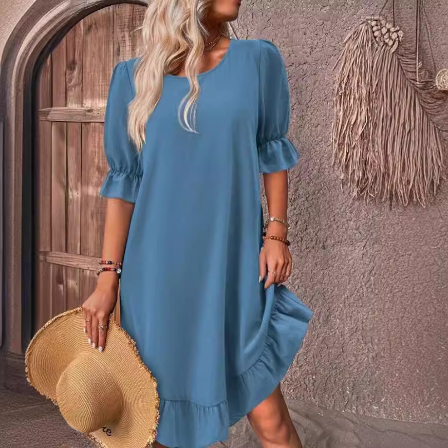 Women's Vintage Cotton-Linen Midi Dress Short Sleeve Round Neck Solid Color Loose Flared