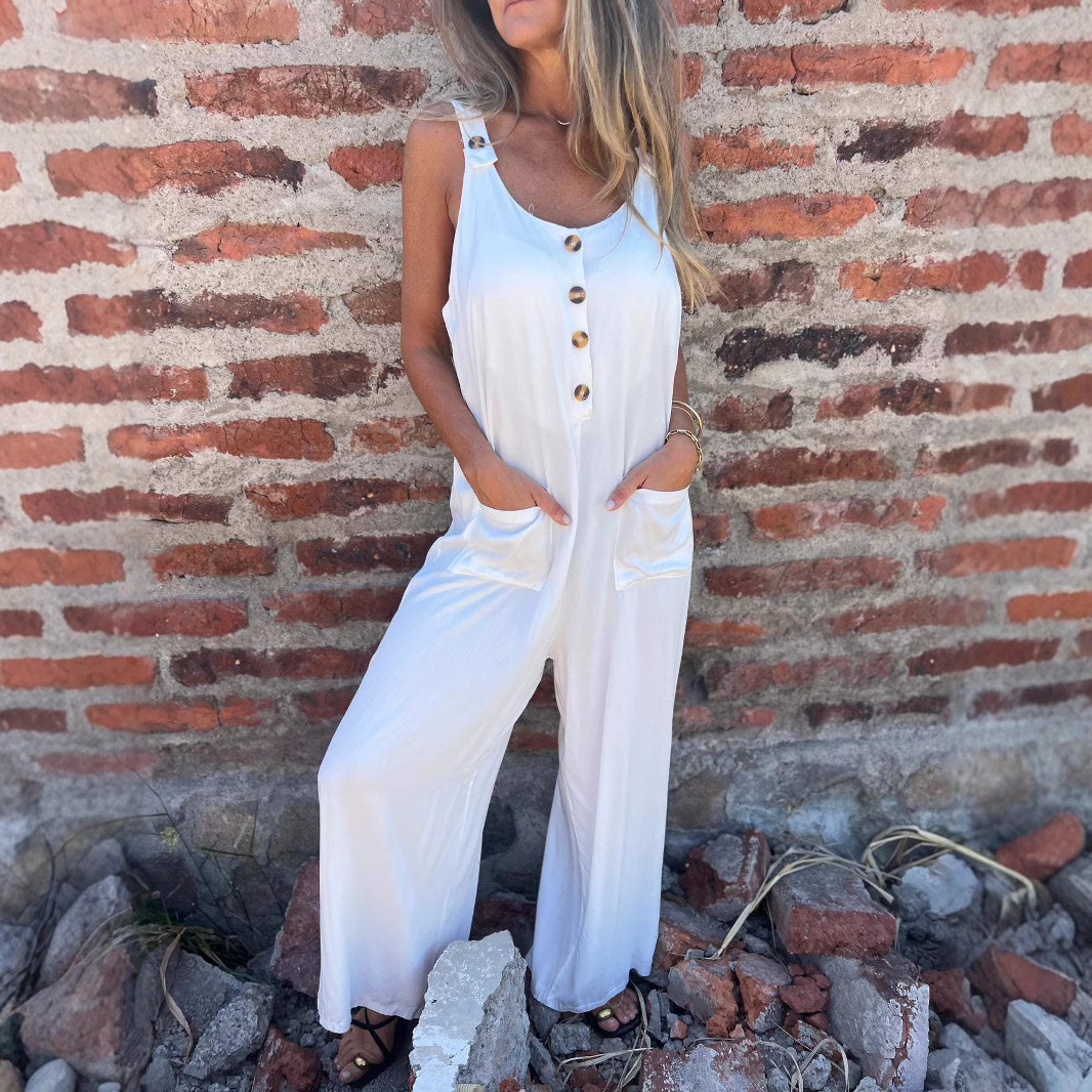 Women's Solid Button Pocket Loose Casual Overalls Jumpsuit