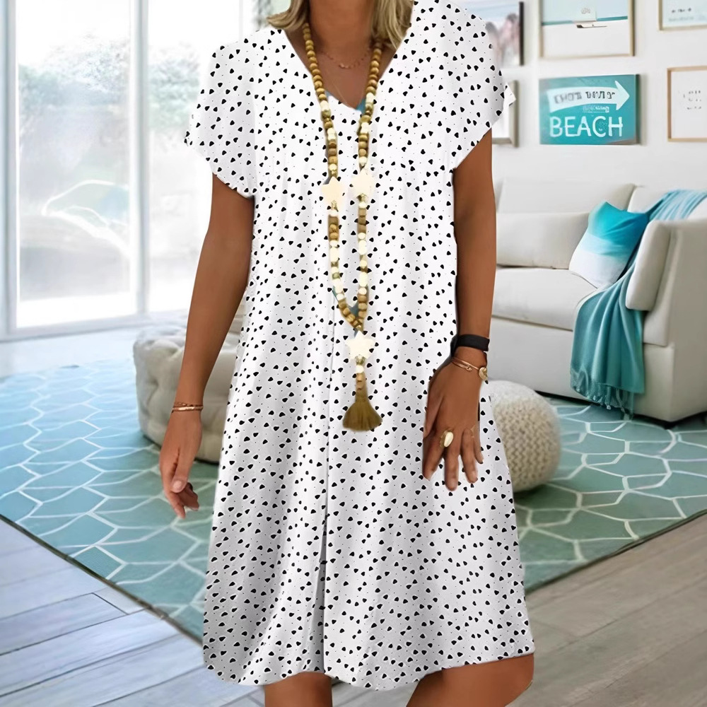 Casual V-Neck Short Sleeve Polka Dot Heart Print Midi Dress